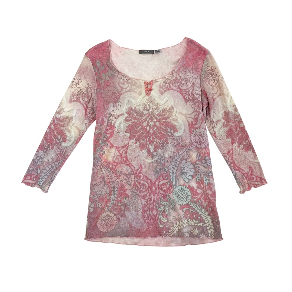 Apt 9 Pink Burnout Print Paisley Rhinestone Top Y2K Fairy Long Sleeve MEDIUM